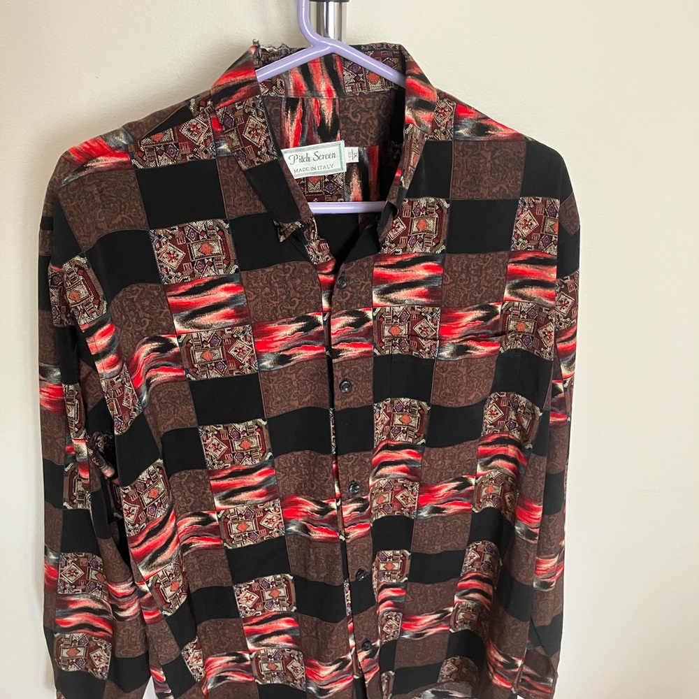 VINTAGE PSYCHEDELIC ITALIAN long sleeve button down shirt TRIBAL TRIPPY PATTERN